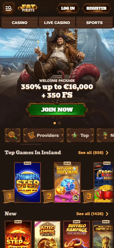 Fatpirate Casino home lobby on a mobile phone