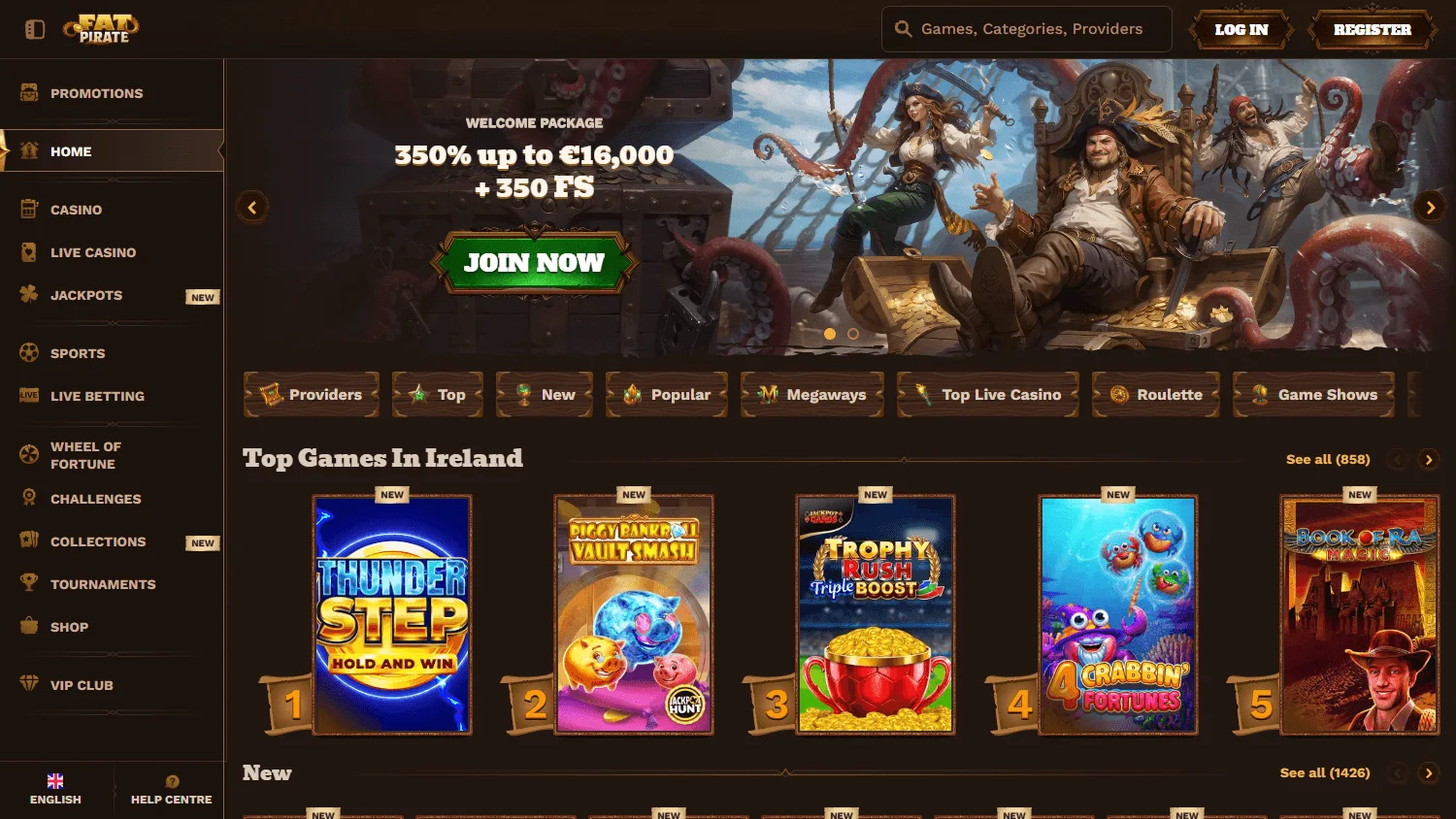 Fatpirate Casino home lobby on desktop